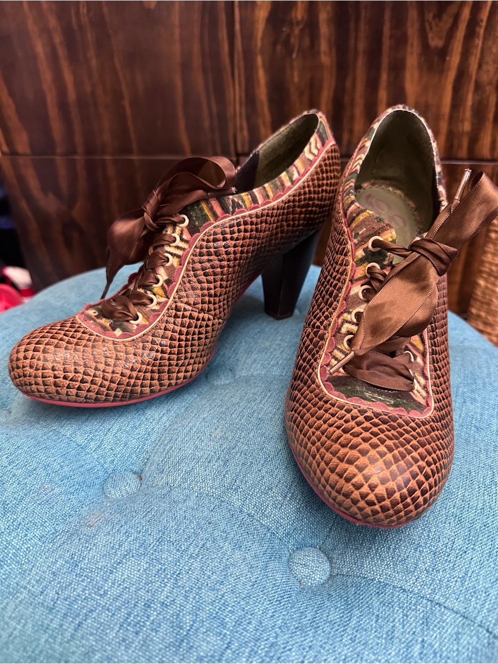 Poetic License Brown Textured Lace-Up Heels with Satin Ribbon